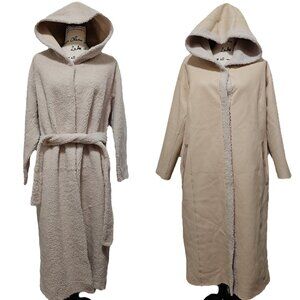 NewReal Lamb Fur Shearling Sheepskin Coat Jacket Wrap Robe Hood Belt Reversible